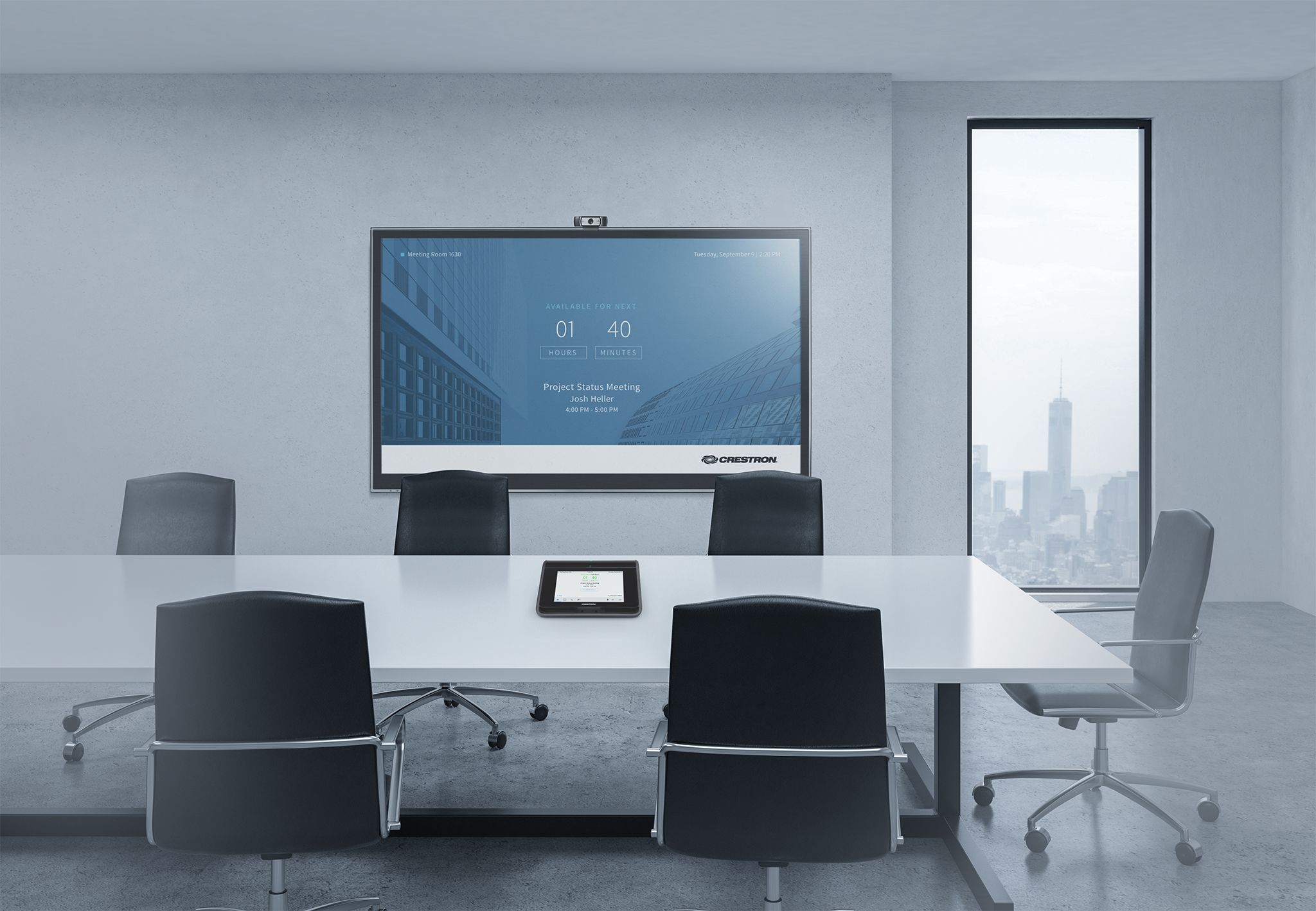 Control4 Touch panel in a able with a traditional home in the background