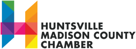 Huntsville/Madison County Chamber logo—a multicolor geometric ‘H’ made of overlapping triangles and rectangles in blue, green, pink, orange, and yellow, with the words ‘Huntsville Madison County Chamber’ in bold dark gray to the right.
